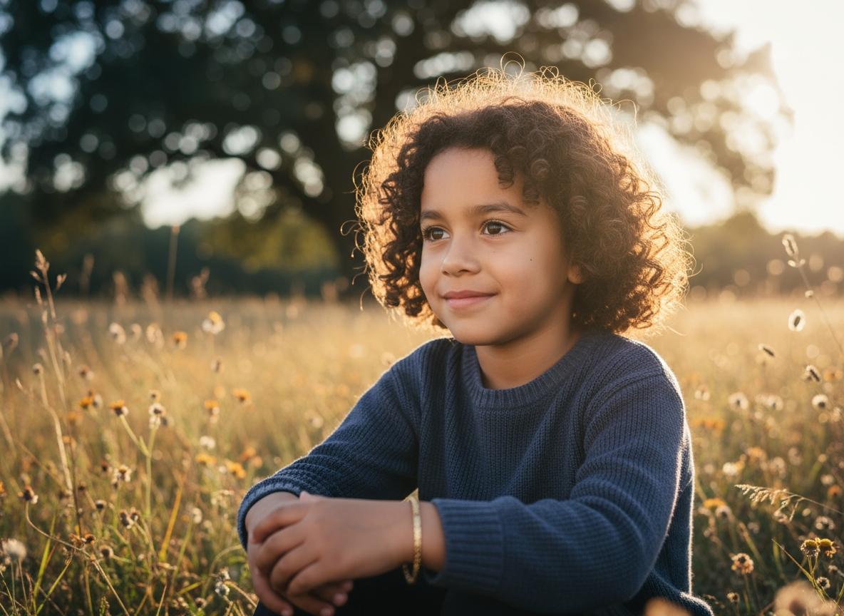 A young child with curly hair sits peacefully in a sunlit meadow, wearing a navy blue jumper and a gold bracelet. The warm evening light highlights their thoughtful expression, with soft focus wildflowers and a large tree in the background.